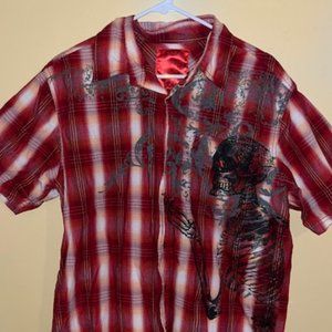 Modern Cuture Button Shirt / XL / Red White Plaid / Skull & Skeleton Smoking